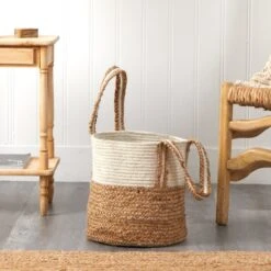 14-in Boho Chic Basket Natural Cotton And Jute With Handles 14 14-in Boho Chic Basket Natural Cotton And Jute With Handles -Eds Plant Shop 14 boho chic basket natural cotton and jute with handles 321797