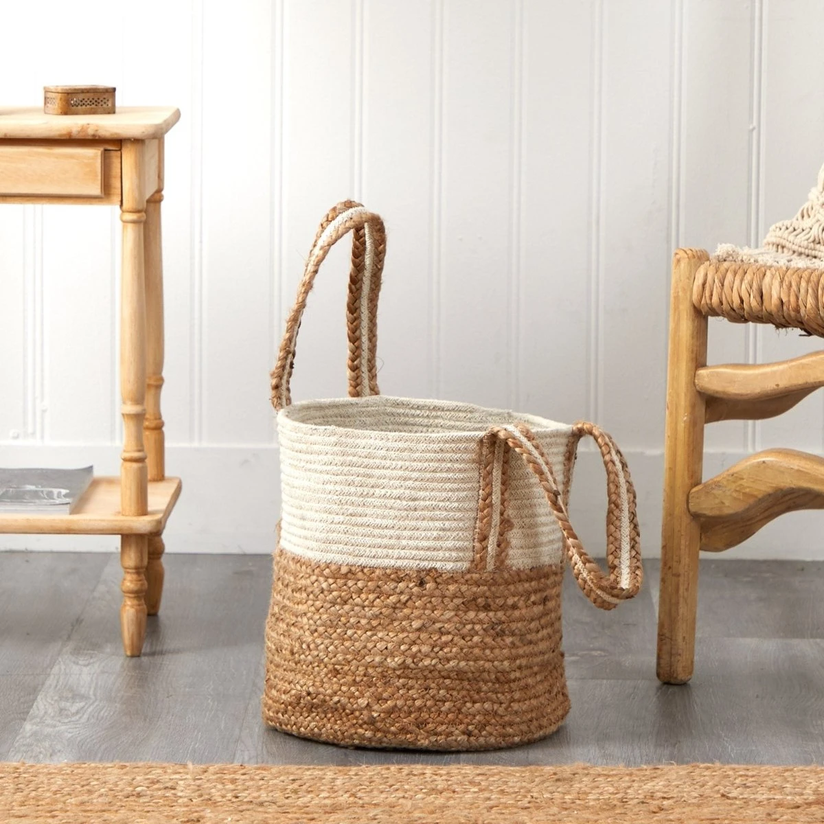 14-in Boho Chic Basket Natural Cotton And Jute With Handles 8 14-in Boho Chic Basket Natural Cotton And Jute With Handles - Image 6