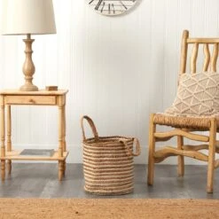 14-in Boho Chic Basket – Natural Cotton & Jute With Handwoven Stripe And Handles -Eds Plant Shop 14 boho chic basket natural cotton jute with handwoven stripe and handles 522114