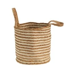 14-in Boho Chic Basket – Natural Cotton & Jute With Handwoven Stripe And Handles
