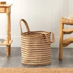 14-in Boho Chic Basket – Natural Cotton & Jute With Handwoven Stripe And Handles -Eds Plant Shop 14 boho chic basket natural cotton jute with handwoven stripe and handles 752453