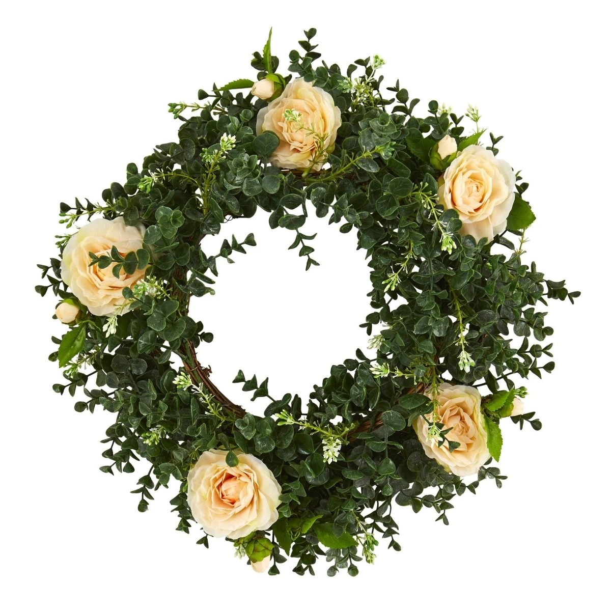18-in Eucalyptus And Camellia Double Ring Artificial Wreath With Twig Base 5 18-in Eucalyptus And Camellia Double Ring Artificial Wreath With Twig Base - Image 3