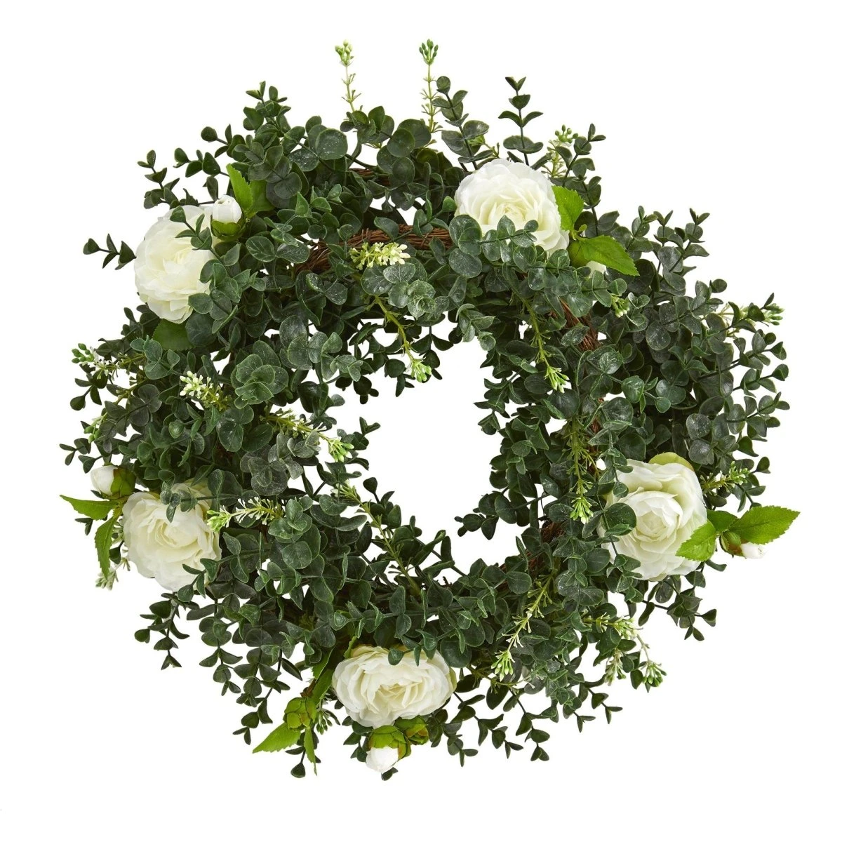 18-in Eucalyptus And Camellia Double Ring Artificial Wreath With Twig Base 3 18-in Eucalyptus And Camellia Double Ring Artificial Wreath With Twig Base