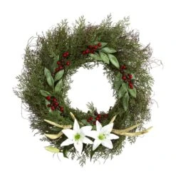 20-in Cedar, Antlers, Lily And Ruscus With Berries Artificial Wreath -Eds Plant Shop 20 cedar antlers lily and ruscus with berries artificial wreath 380931