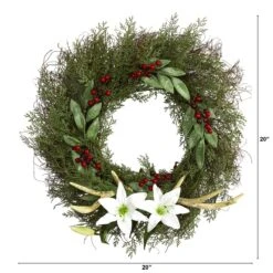 20-in Cedar, Antlers, Lily And Ruscus With Berries Artificial Wreath -Eds Plant Shop 20 cedar antlers lily and ruscus with berries artificial wreath 709245