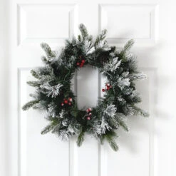 20-in Flocked Mixed Pine Christmas Wreath With LED Lights, Pine Cones & Berries -Eds Plant Shop 20 flocked mixed pine christmas wreath with led lights pine cones berries 214631