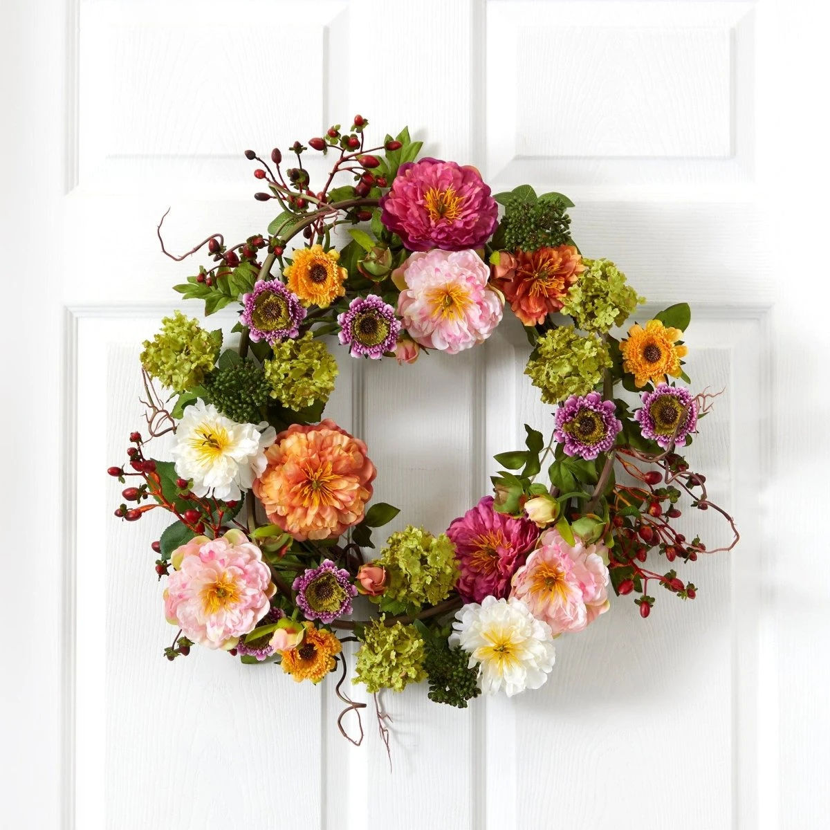 24-in Lifelike Mixed Peony Wreath – Round Pastel Blooms & Berry Accents 3 24-in Lifelike Mixed Peony Wreath – Round Pastel Blooms & Berry Accents