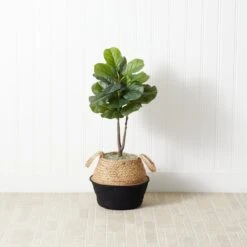 3-ft Artificial Fiddle Leaf Fig Tree With Handmade Cotton & Jute Woven Basket