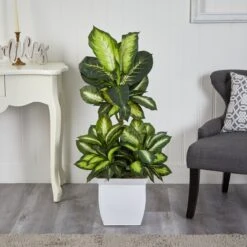 46-in Golden Dieffenbachia Artificial Plant In White Metal Planter -Eds Plant Shop 46 golden dieffenbachia artificial plant in white metal planter 681187