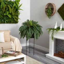 51-in Boston Fern Artificial Plant In Black Planter With Stand | Cascading Faux Greenery -Eds Plant Shop 51 boston fern artificial plant in black planter with stand cascading faux greenery 349245