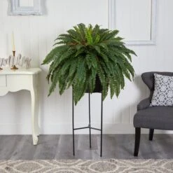 51-in Boston Fern Artificial Plant In Black Planter With Stand | Cascading Faux Greenery -Eds Plant Shop 51 boston fern artificial plant in black planter with stand cascading faux greenery 363943