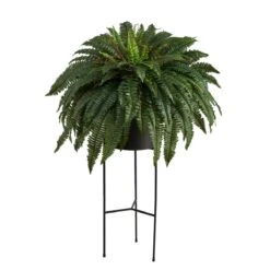 51-in Boston Fern Artificial Plant In Black Planter With Stand | Cascading Faux Greenery