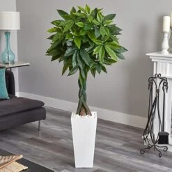5.5-ft Artificial Money Tree In White Tower Planter -Eds Plant Shop 55 ft artificial money tree in white tower planter 754426