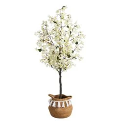 5-ft Artificial Bougainvillea Tree | Handmade Jute & Cotton Basket With Tassels -Eds Plant Shop artificial 5 artificial bougainvillea tree with handmade jute cotton basket with tassels plant in planter nearly natural white 960135