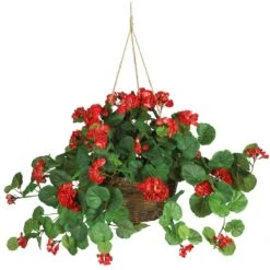 Geranium Hanging Basket – Artificial Silk Plant (Red Or Pink) -Eds Plant Shop geranium hanging basket artificial silk plant red or pink 1656352