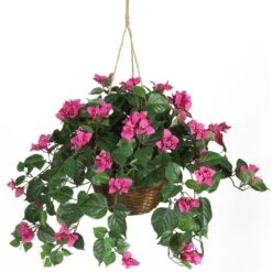 Silk Bougainvillea Hanging Basket – Faux Cascading Vine In Wicker Planter