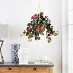 Silk Bougainvillea Hanging Basket – Faux Cascading Vine In Wicker Planter -Eds Plant Shop silk bougainvillea hanging basket faux cascading vine in wicker planter 5228467