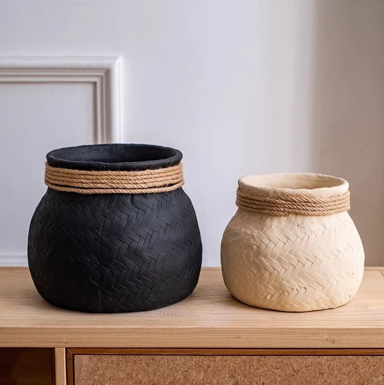 Woven Cement Planter With Rope Accent 3 Woven Cement Planter With Rope Accent